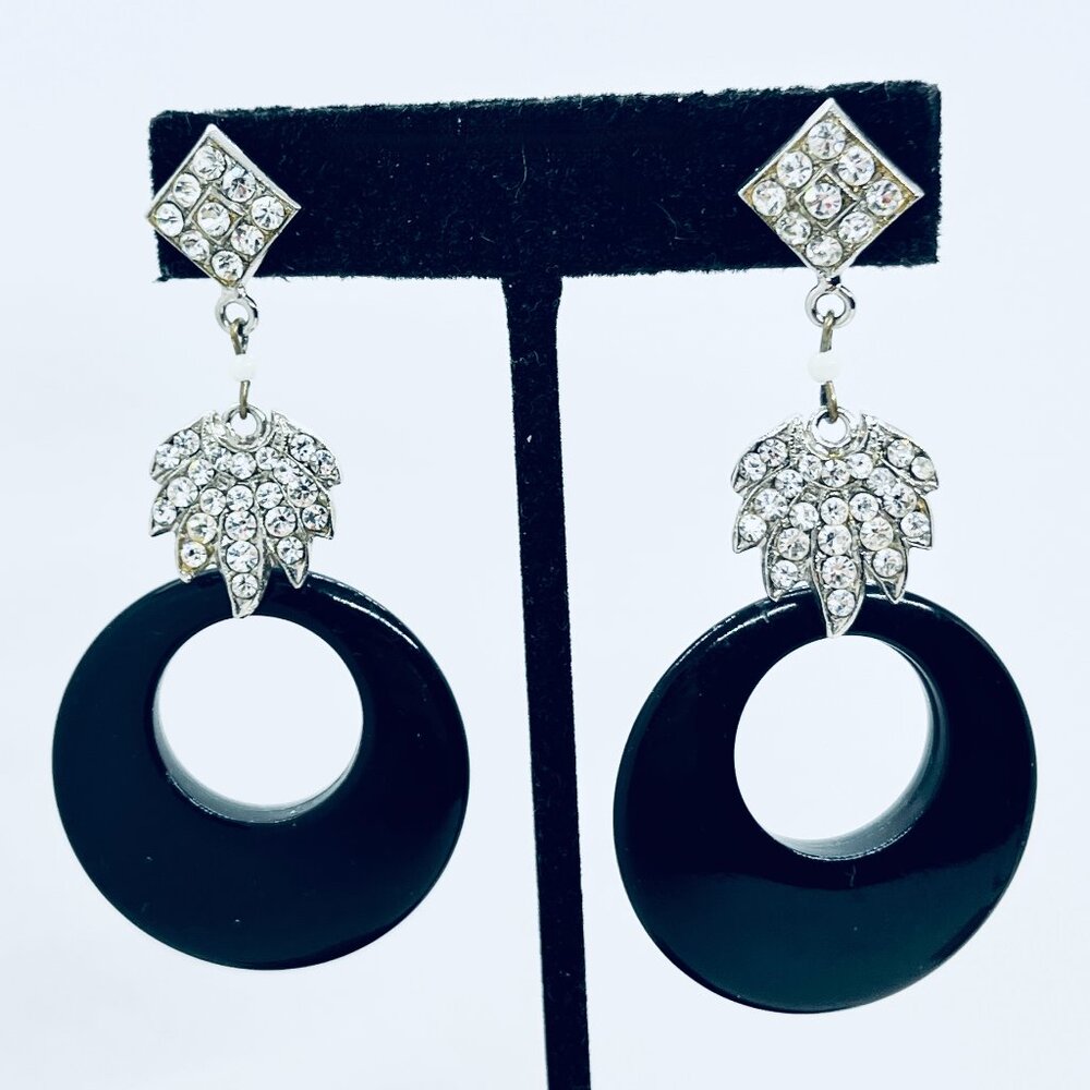 VINTAGE ART DECO Style Black Hoop Rhinestone Leaf Dangle Earrings 80s